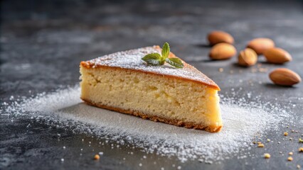 Decadent almond cake slice on a grey stone plate with a subtle sheen from a light drizzle, surrounded by a delicate dusting of powdered sugar , baking, elegant
