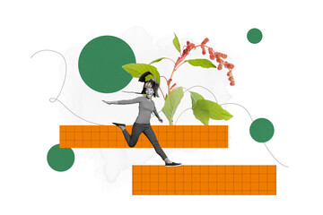 Creative full art collage of happy american girl wear protection metal helmet prehistoric warrior flower branch renaissance