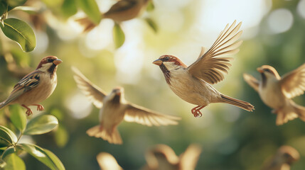 group of sparrow flying from a tree