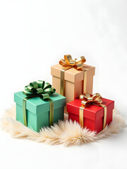 Obraz premium Colorful Gifts On A White Background Feature Gold And Green Accents Against A Soft, Velvety Fake Fur Tex