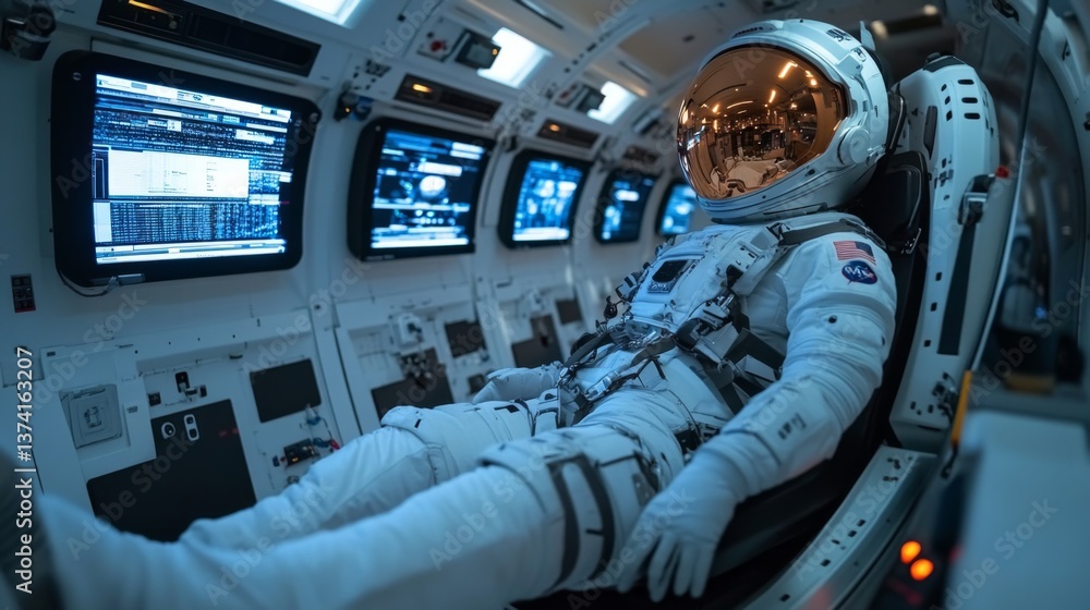 Poster an astronaut is situated in a spacecraft, fully suited and ready for launch.