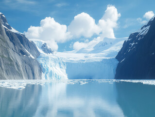 large glacier floating in the middle of mountains, with water and snow on top. A vast, glacial lake, with clear blue sky and white clouds. 