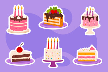 A set of colorful cakes with different flavors and toppings. Playful and bright digital illustration, perfect for party designs, bakery branding, and digital assets.