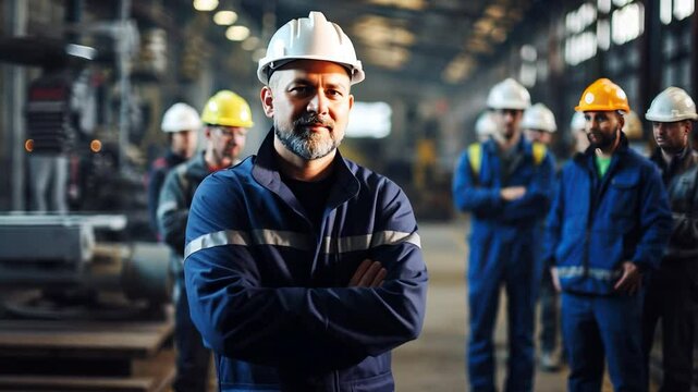 Confident leadership: A diverse team of construction workers stand confidently in an industrial setting. The focal point is on a distinguished leader in the front, embodying strength, teamwork.