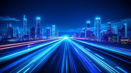 futuristic city with modern bright neon lights, overwhelming blue tones , futuristic, 1-point perspective, road leading into the city, realistic, photography 