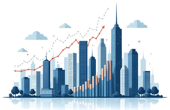 Financial Data On A Growing Business Includes Analysis And Management With Many Statistical Graphs As A Backdrop To Tall City Skyscra