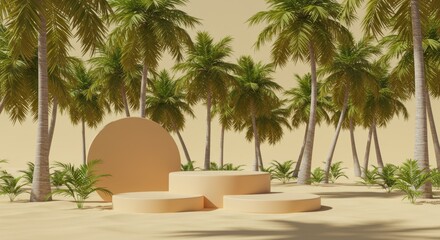 Fototapeta premium Tropical product display scene with sandy podium and coconut trees backdrop