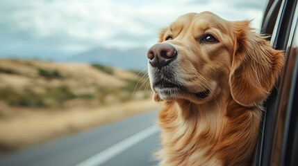 Obraz premium Golden Retriever gazing out car window, road trip