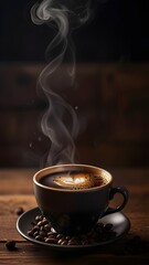 Close-up of a black cup filled with hot freshly brewed coffee with aromatic steam rising up. The cup sits on a saucer surrounded by coffee beans on a wooden table.
