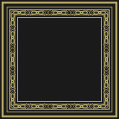 Golden square vintage frame on black background. Graceful arabesques and border. Version 28. Vector illustration
