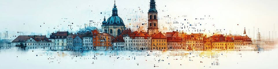 A digitally rendered panorama featuring historic European architecture and cityscapes