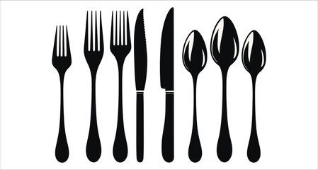Set of black fork knife spoon silhouettes vector. Black fork knife spoon silhouettes vector. Kitchen forks knives spoons black silhouettes vector. Restaurant cutlery fork knife spoon silhouette vector