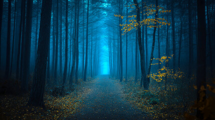 A scary forest at dim night with horror Halloween decorated conceptual.Spooky Halloween misty foggy forest at night with moonlight illuminating woods path.