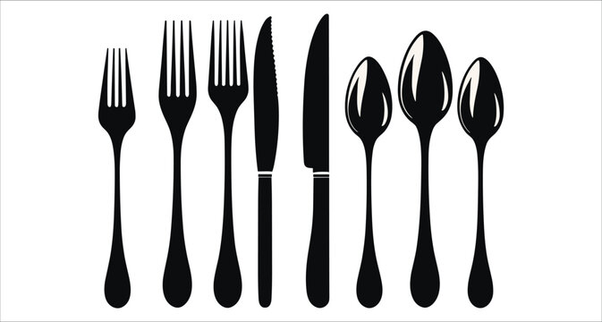 Set of black fork knife spoon silhouettes vector. Black fork knife spoon silhouettes vector. Kitchen forks knives spoons black silhouettes vector. Restaurant cutlery fork knife spoon silhouette vector