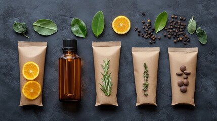 Fototapeta premium Natural ingredients and products displayed on a dark surface