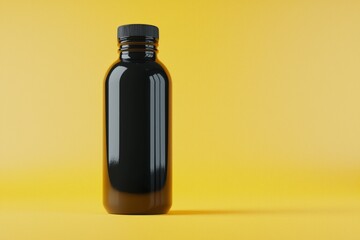 Minimalistic black glass bottle centered on yellow background with sharp contrast illustrating modern healthcare design supplement branding and pharmaceutical purity in product shot