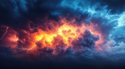 Celestial Fury: An awe-inspiring depiction of a tempestuous sky, showcasing a clash of elements with dramatic cloud formations and flashes of lightning.
