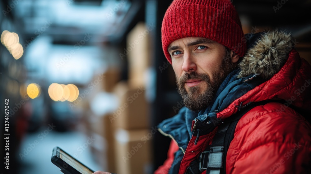 Poster Worker in red winter attire checks inventory details using a mobile device in a bustling warehouse environment filled with stacked boxes and logistics activities.