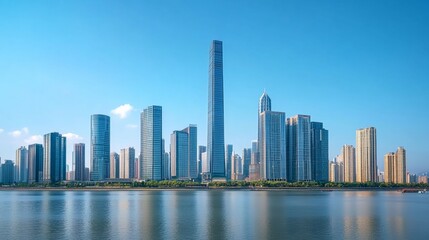 Naklejka premium city of the future of high skyscrapers, blue clean sky, ultra realistic, 4k 