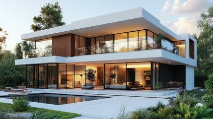 Fototapeta premium Modern Architectural Marvel: A breathtaking contemporary home boasts clean lines, expansive glass walls, and luxurious features. A sophisticated property showcased in its prime.