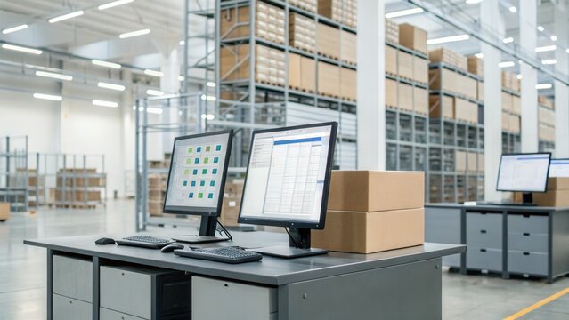Warehouse management and optimization concept. Modern warehouse interior with workstations and stacked boxes ready for distribution.