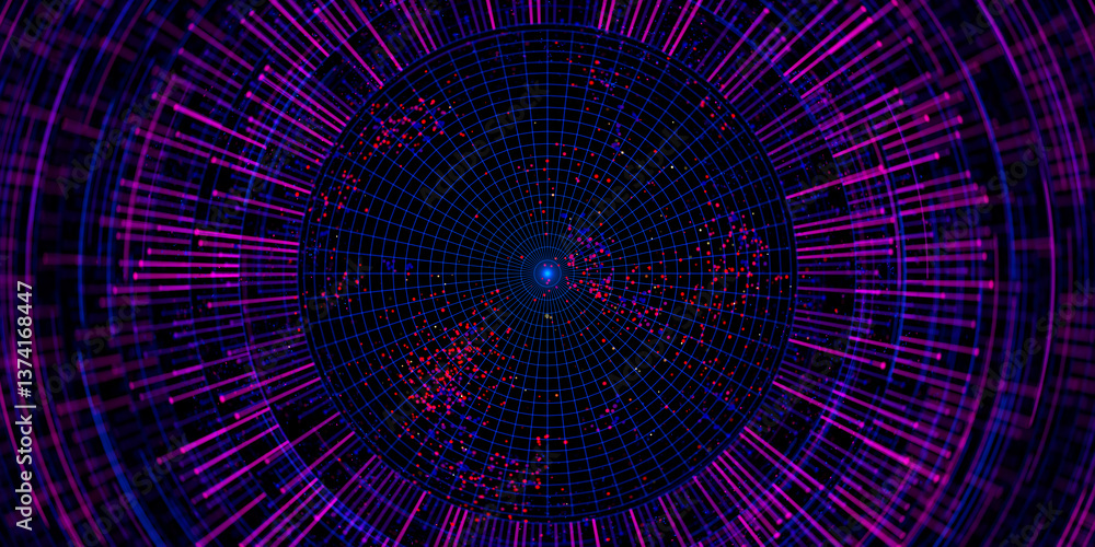 Poster big data complex round graph. quantum computing universe. cyber space of ai technology. futuristic g