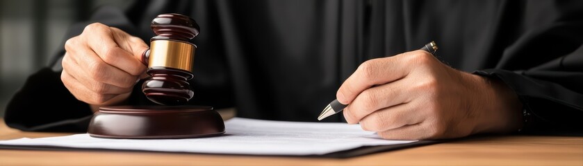 Judge holding gavel and writing on legal document