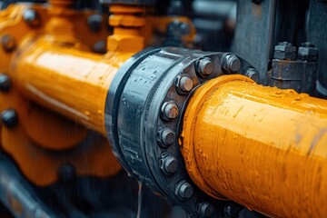 Close-up of wet orange industrial pipes connected by sturdy metal bolts, showcasing engineering and machinery details.