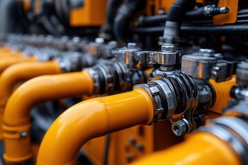 Close-up of industrial machinery with vibrant orange pipes and metallic valves, showcasing engineering precision.