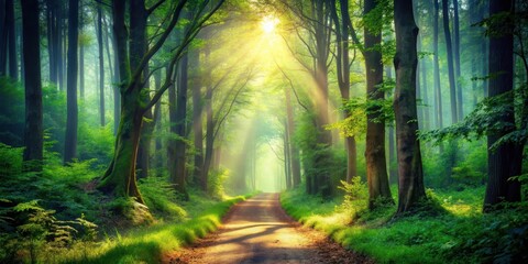 Obraz premium Forest Path Leading into Whispering Woods, mystic ambiance, misty sunlight