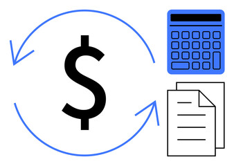 Dollar sign surrounded by arrows, blue calculator, and documents symbolize finance, accounting, budgeting, investment, pricing, savings revenue calculation. Ideal for flat simple metaphor