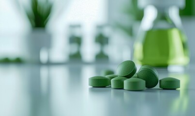 A group of vibrant green spirulina tablets arranged on a reflective surface in a laboratory setting.