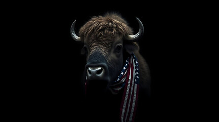 Naklejka premium Bison wearing America on black background, 4th of July, America Independence Day, created by generative ai