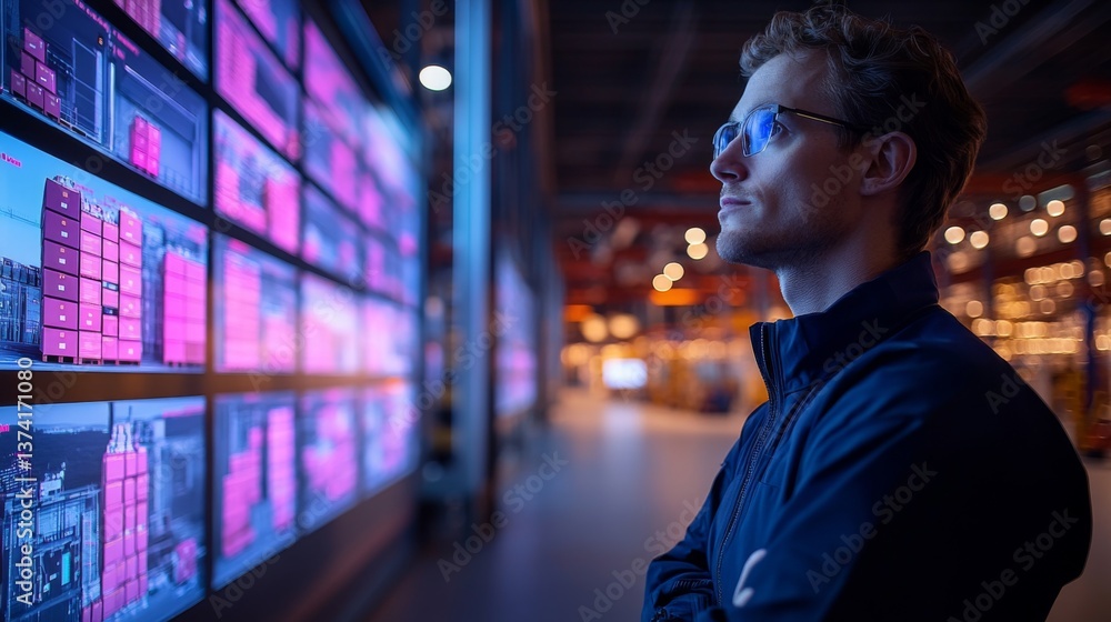 Poster A logistics expert observes digital screens displaying inventory data and sorting information in a modern warehouse distribution center at night.