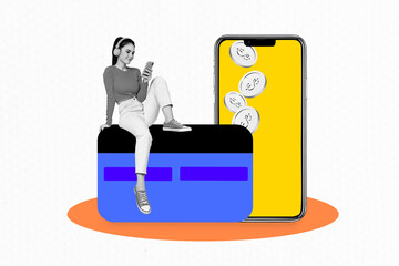 Composite trendy magazine photo collage of happy businesswoman listen music headphones hold phone credit card dollar transaction