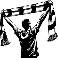 A Soccer Fan Waving A Scarf, Black And White Football Silhouette © Dan