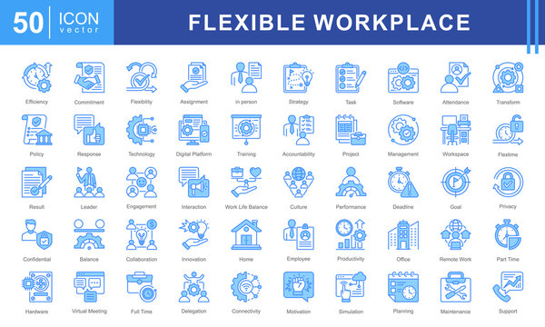Flexible Workplace icon set featuring icons for remote work, productivity, collaboration, digital platforms, and work-life balance. Ideal for modern office environments, HR, and business management.