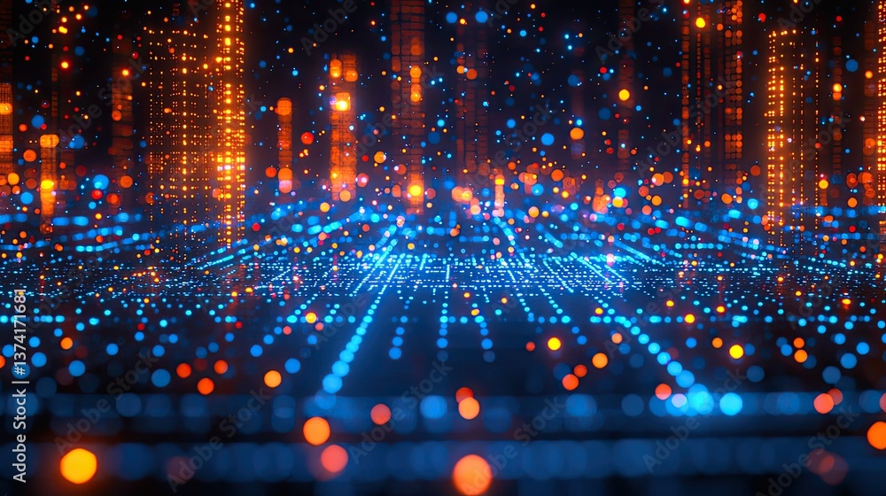 Poster abstract illustration displaying digital data and glowing light patterns