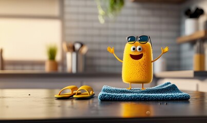 A cartoon sponge wearing sunglasses stands cheerfully on a towel in a modern kitchen scene.