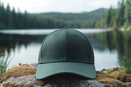 Forest Green Baseball Cap Mockup Displayed in Scenic Lakeside Nature Background
