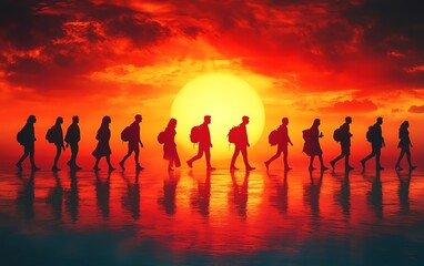 Fototapeta premium Digital illustration of a diverse group of people walking in a line, their silhouettes uniquely stylized, dramatic lighting, high contrast, ultradetailed, 8K render