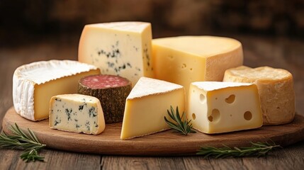 Cheese Platter Extravaganza: An array of diverse cheeses, arranged on a rustic wooden board, invites viewers to savor a world of flavors.