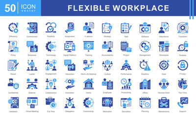 Flexible Workplace icon set featuring icons for remote work, productivity, collaboration, digital platforms, and work-life balance. Ideal for modern office environments, HR, and business management.