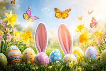 Easter bunny ears peek joyfully from a vibrant spring meadow brimming with colorful eggs, daffodils, and fluttering butterflies in a sun-drenched scene.