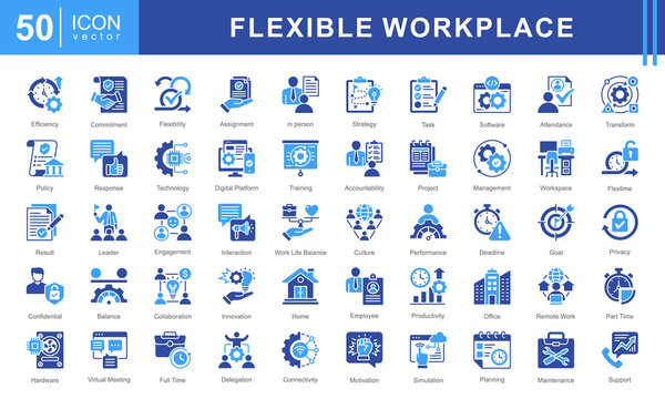 Flexible Workplace icon set featuring icons for remote work, productivity, collaboration, digital platforms, and work-life balance. Ideal for modern office environments, HR, and business management.