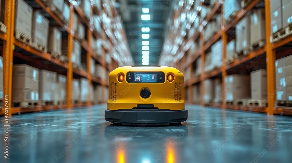 Aufkleber A robotic device navigates through an expansive warehouse filled with shelves of neatly stacked boxes, optimizing sorting and fulfillment processes.