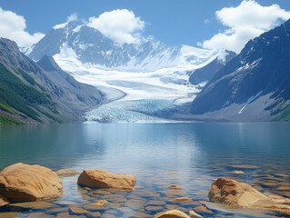 large glacier floating in the middle of mountains, with water and snow on top. A vast, glacial lake, with clear blue sky and white clouds. 