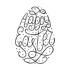 Happy Easter hand drawn line lettering in egg shape. Black text on a white background. Template for a banner, poster card post. Handwritten words.