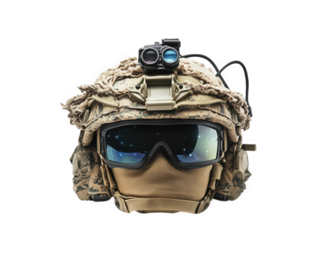 Tactical military helmet featuring built night vision, designed for enhanced visibility low light conditions. helmet showcases rugged exterior and protective features, ideal for military