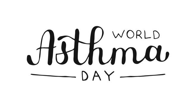 World Asthma Day hand drawn text banner. Handwritten words, isolated on white background. Calligraphy black lettering for poster, card, social media.